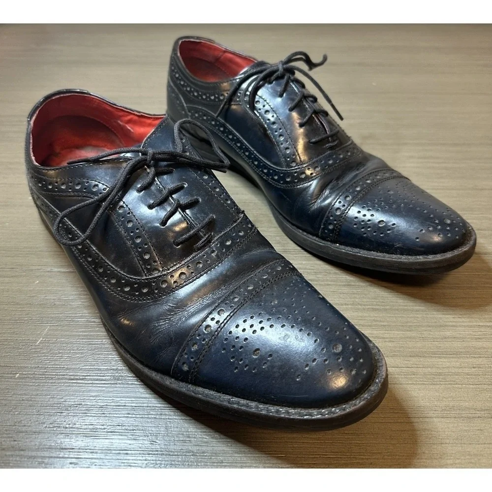 Base London Men's Leather Oxford Wingtip Brogue Shoes Blue Hue Size EU 42 / UK 8